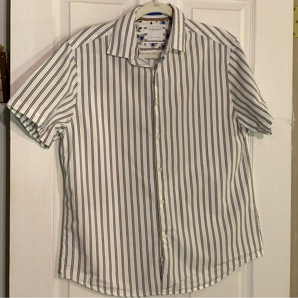 Denim & Flower Button Up Shirt Mens Large White Blue/gold Striped Short Sleeve L - Picture 1 of 4
